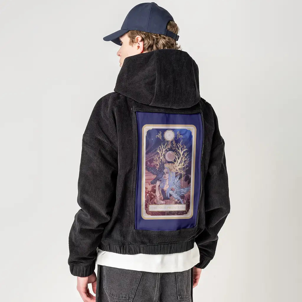 thehighpriestess patch on male retro cord hoodie in onyx