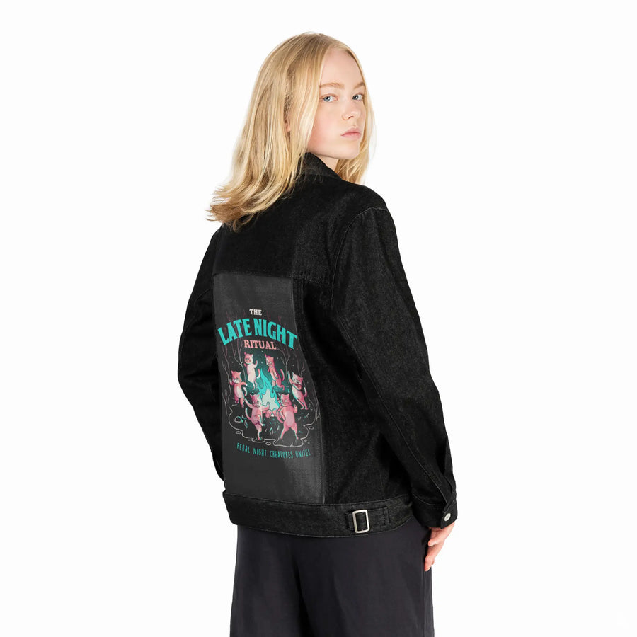 thelatenightritual patch on female og denim jacket in raven