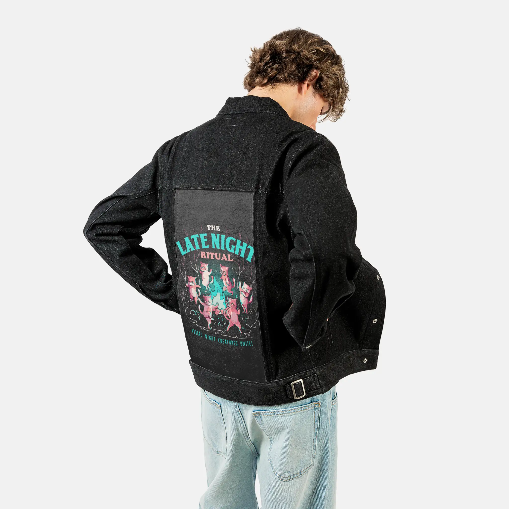 thelatenightritual patch on male og denim jacket in raven