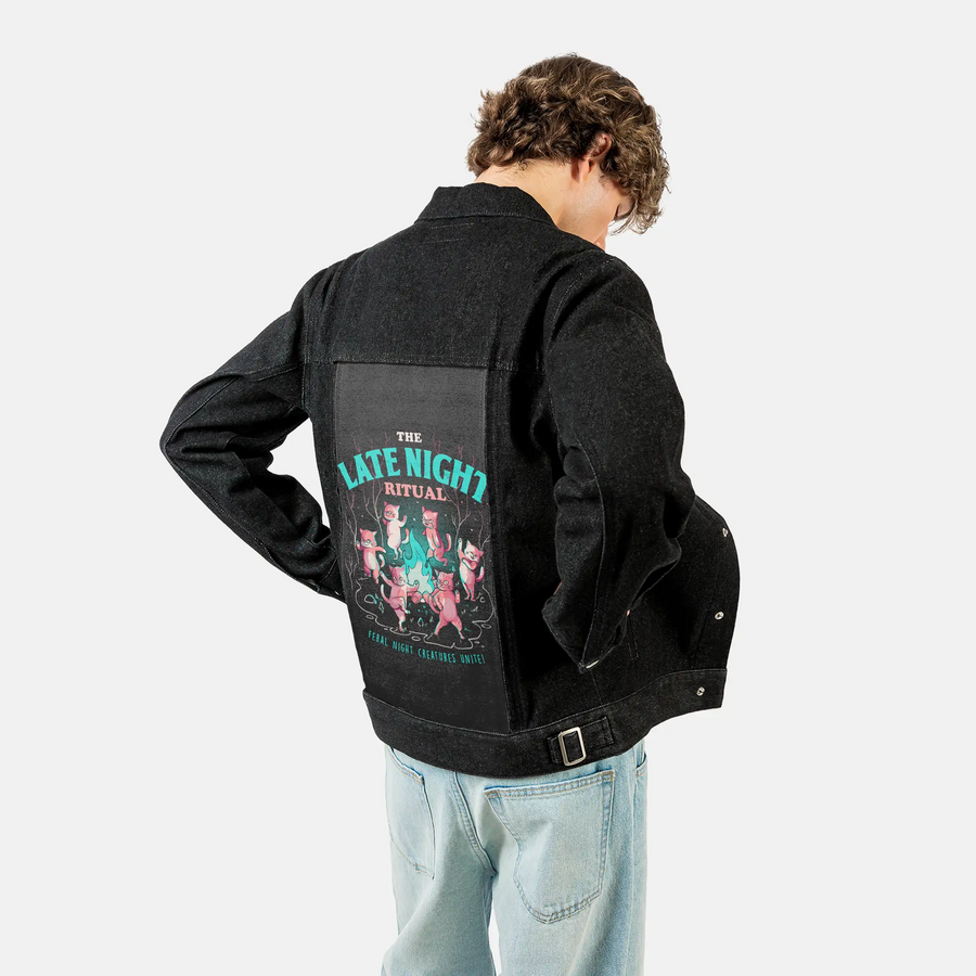 thelatenightritual patch on male og denim jacket in raven