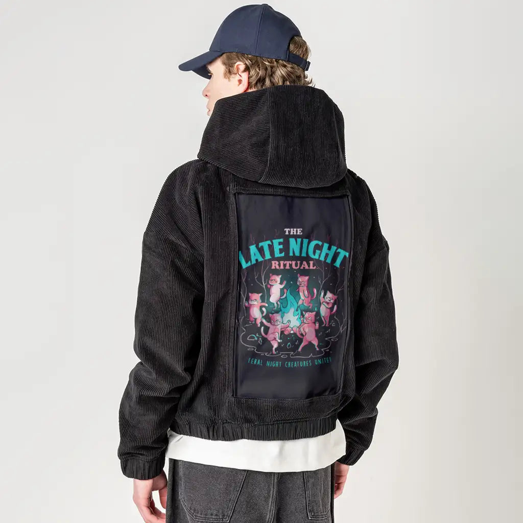 thelatenightritual patch on male retro cord hoodie in onyx