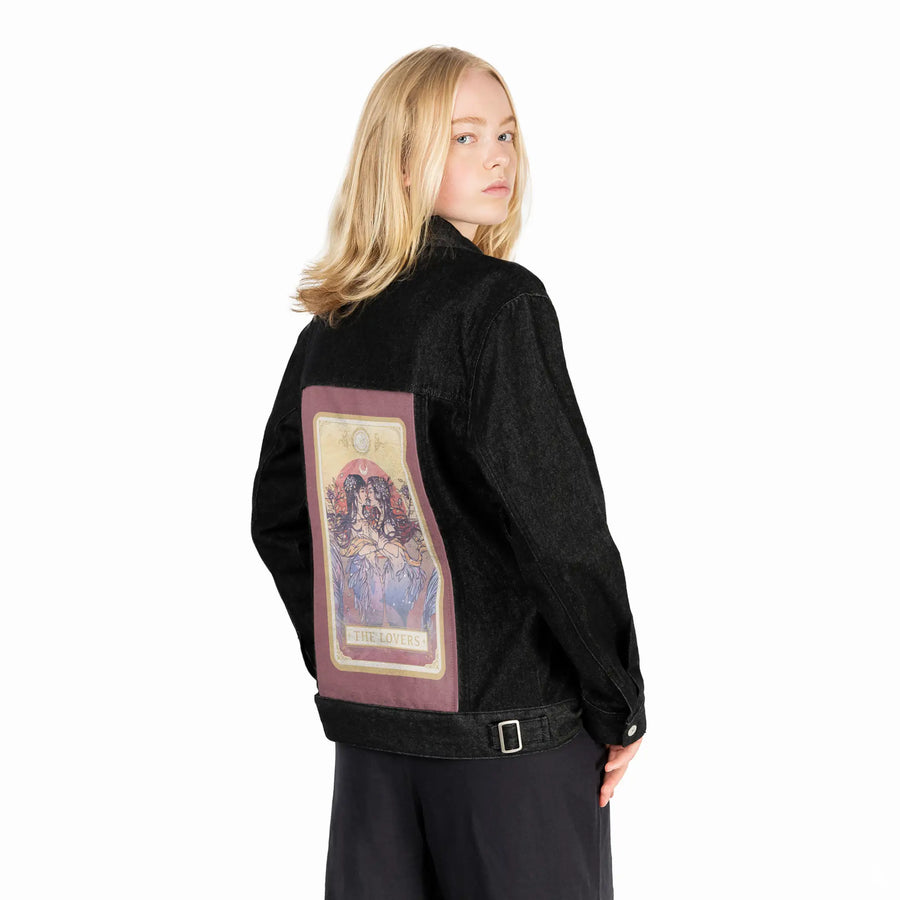 thelovers patch on female og denim jacket in raven