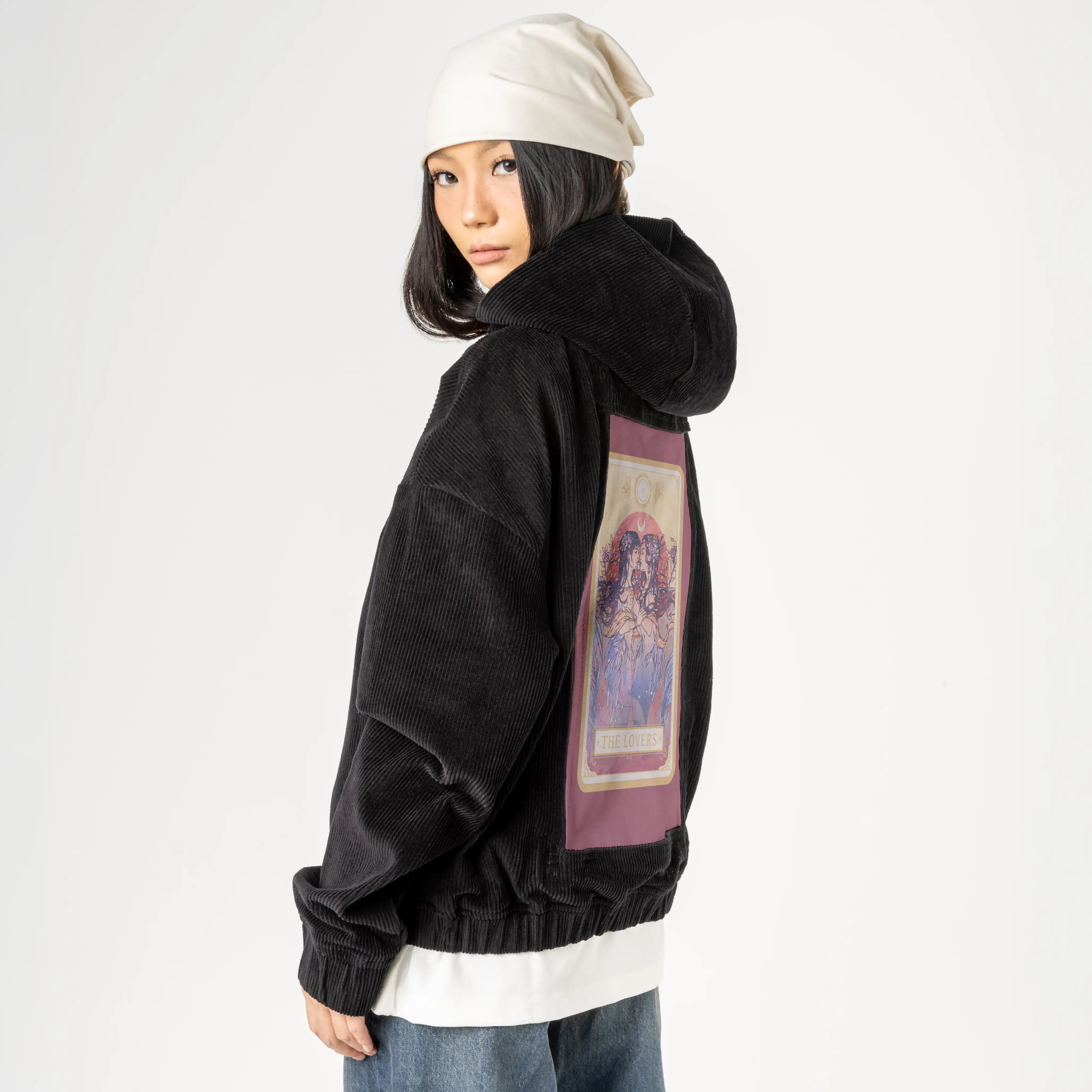 thelovers patch on female retro cord hoodie in onyx
