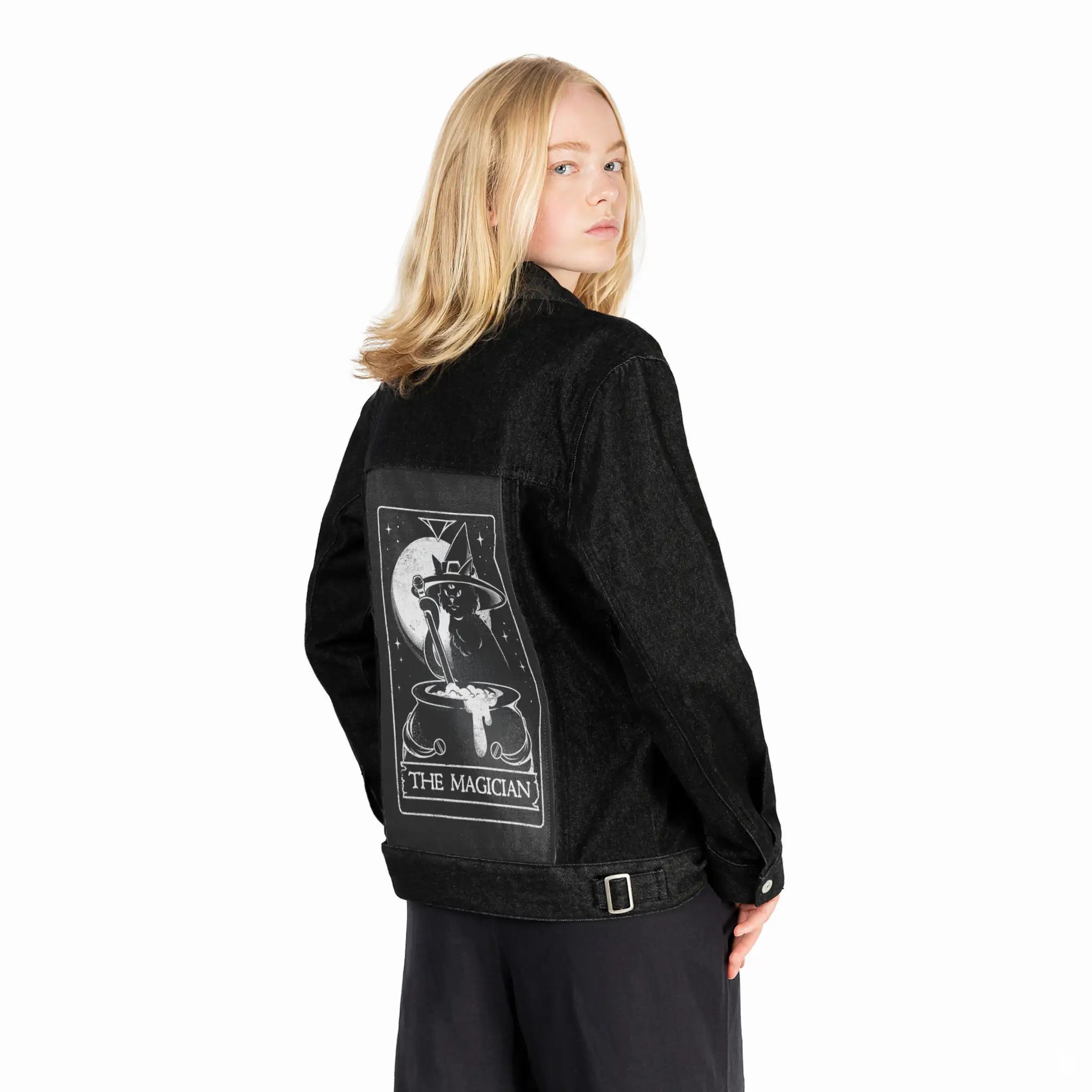 themagician patch on female og denim jacket in raven