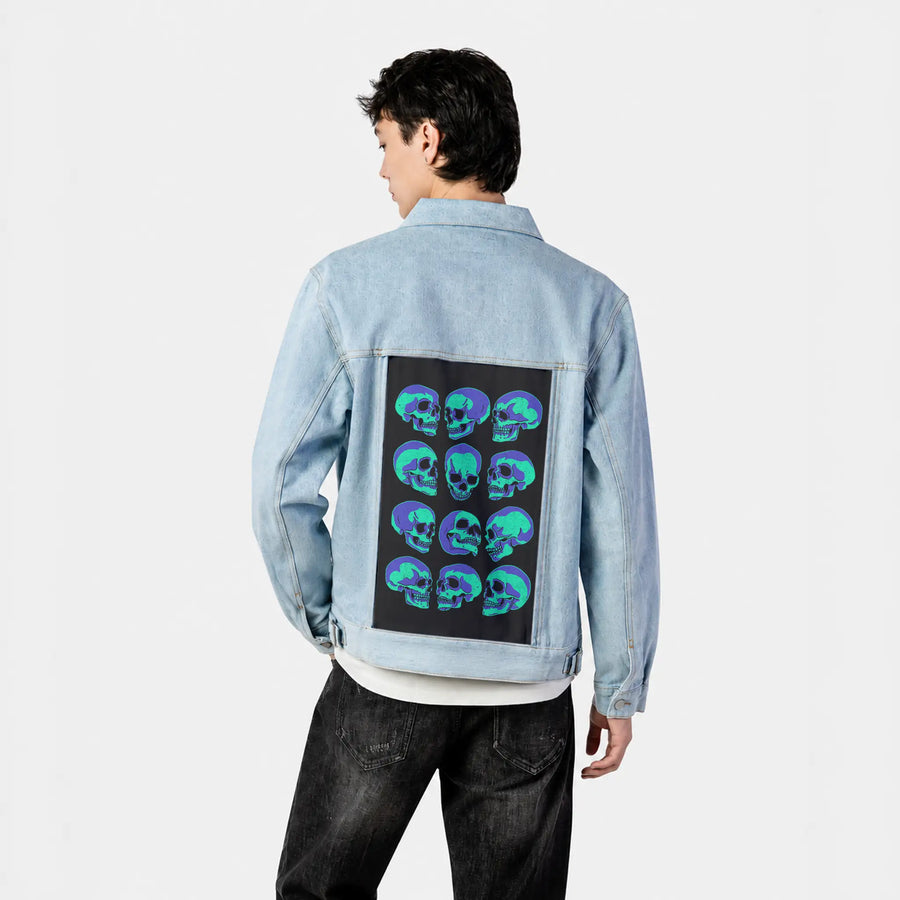 themanyfacesofdeath patch on male og denim jacket in oceanside