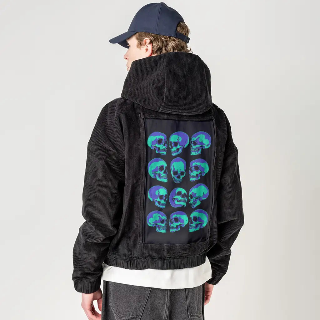 themanyfacesofdeath patch on male retro cord hoodie in onyx