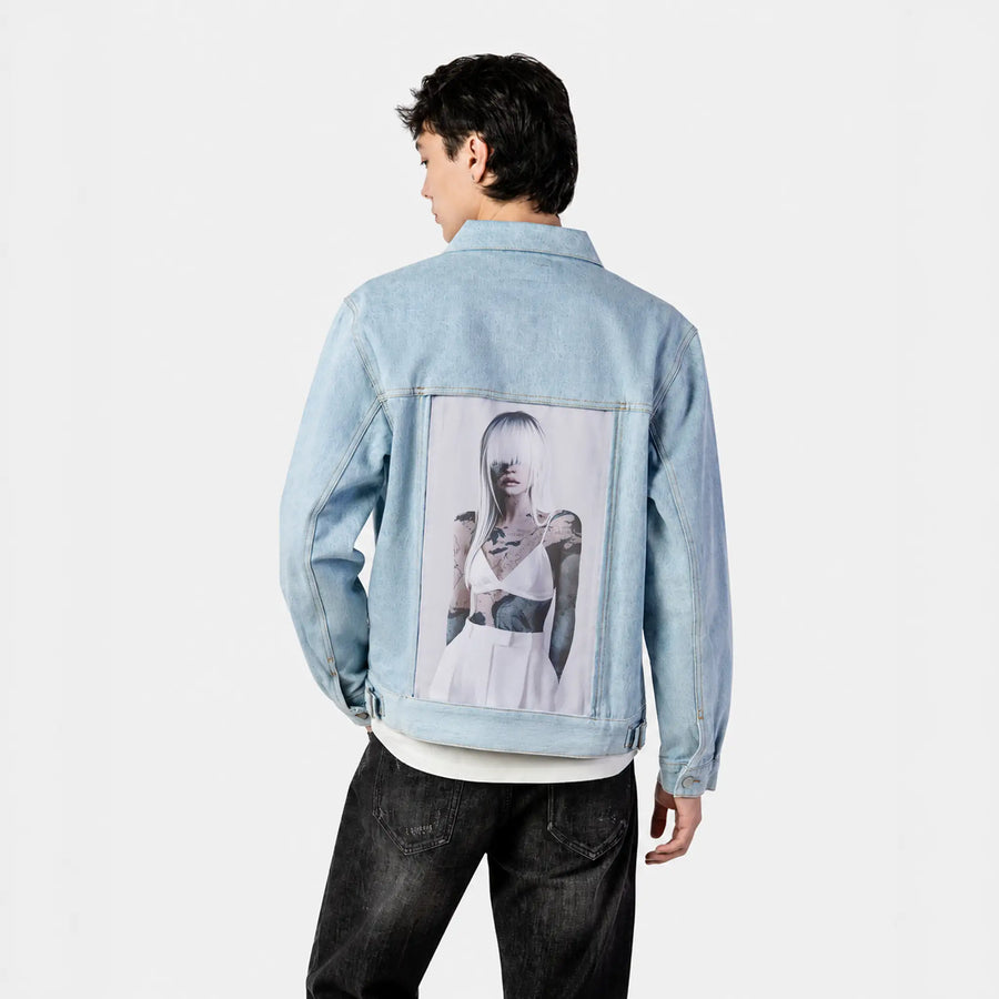 themap patch on male og denim jacket in oceanside