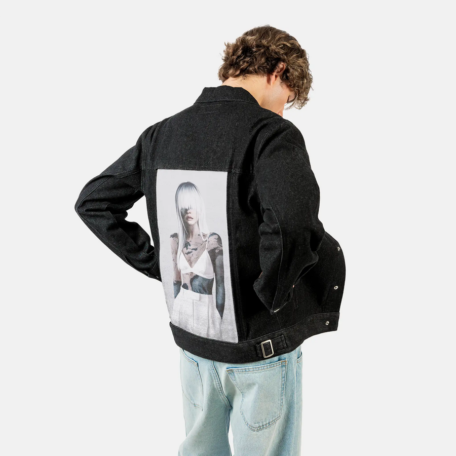 themap patch on male og denim jacket in raven