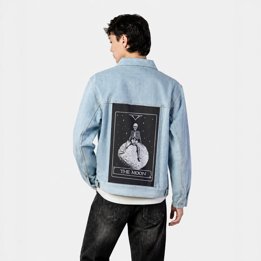 themoon patch on male og denim jacket in oceanside