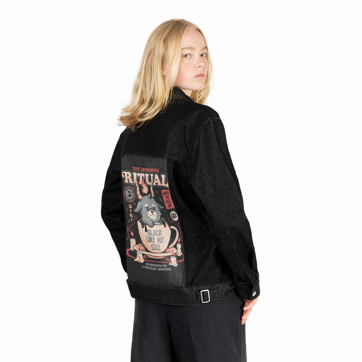 themorningritual patch on female og denim jacket in raven