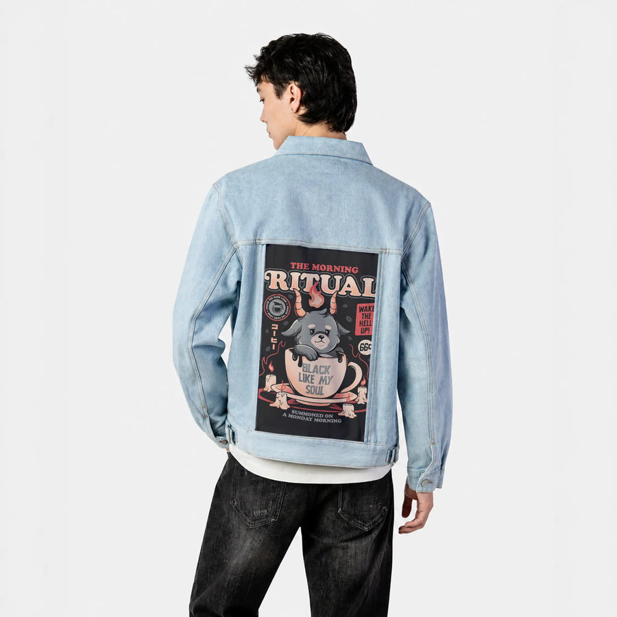 themorningritual patch on male og denim jacket in oceanside