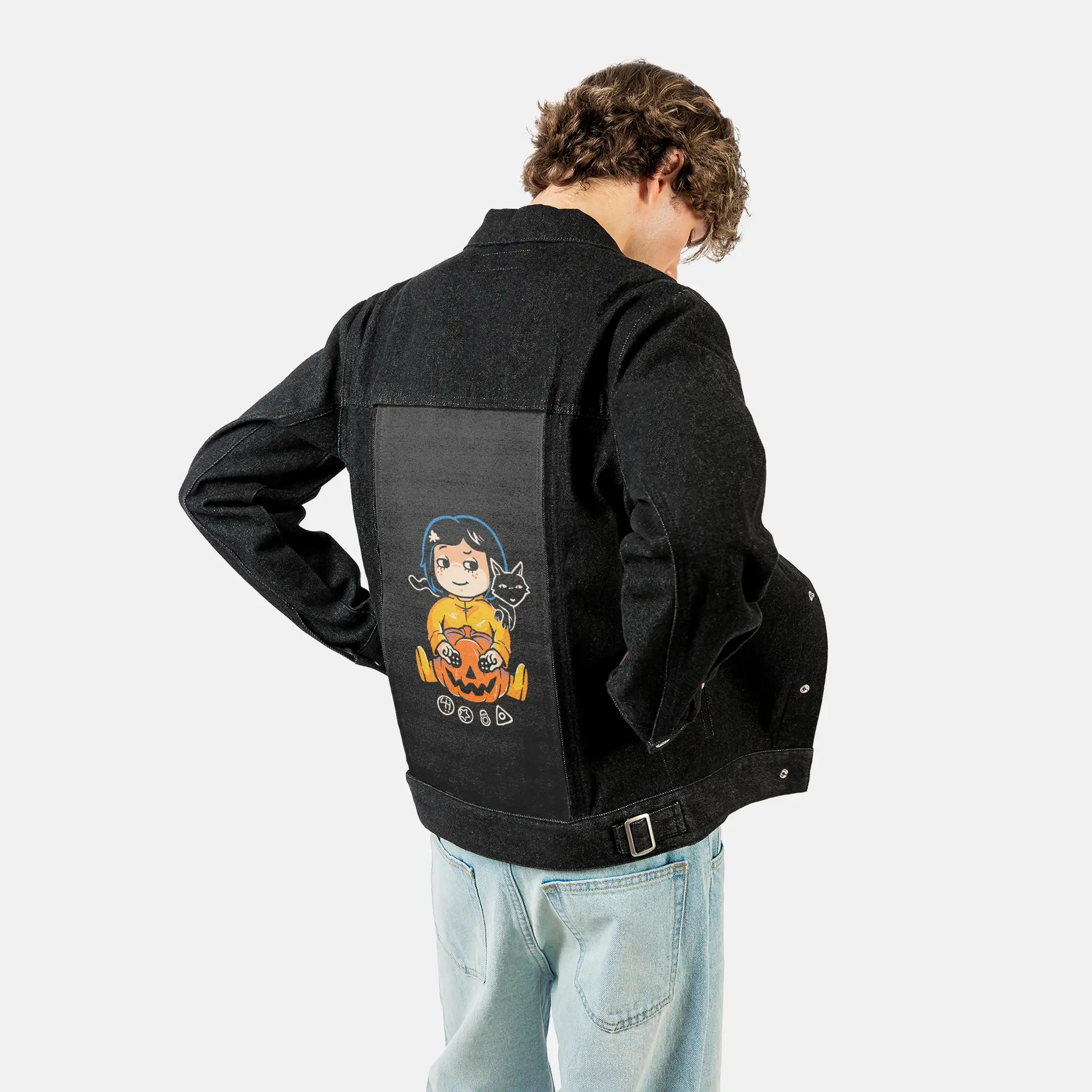 theotherpumpkin patch on male og denim jacket in raven