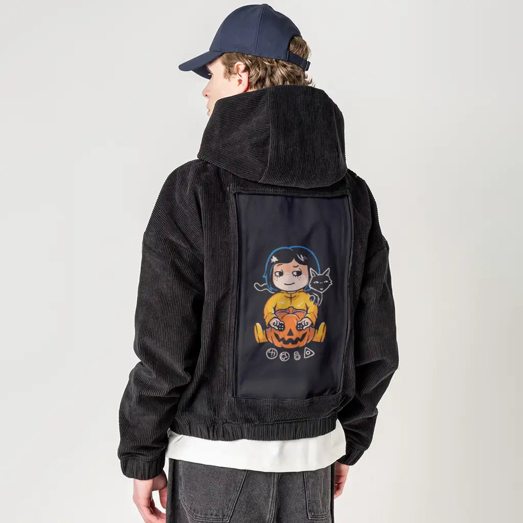 theotherpumpkin patch on male retro cord hoodie in onyx