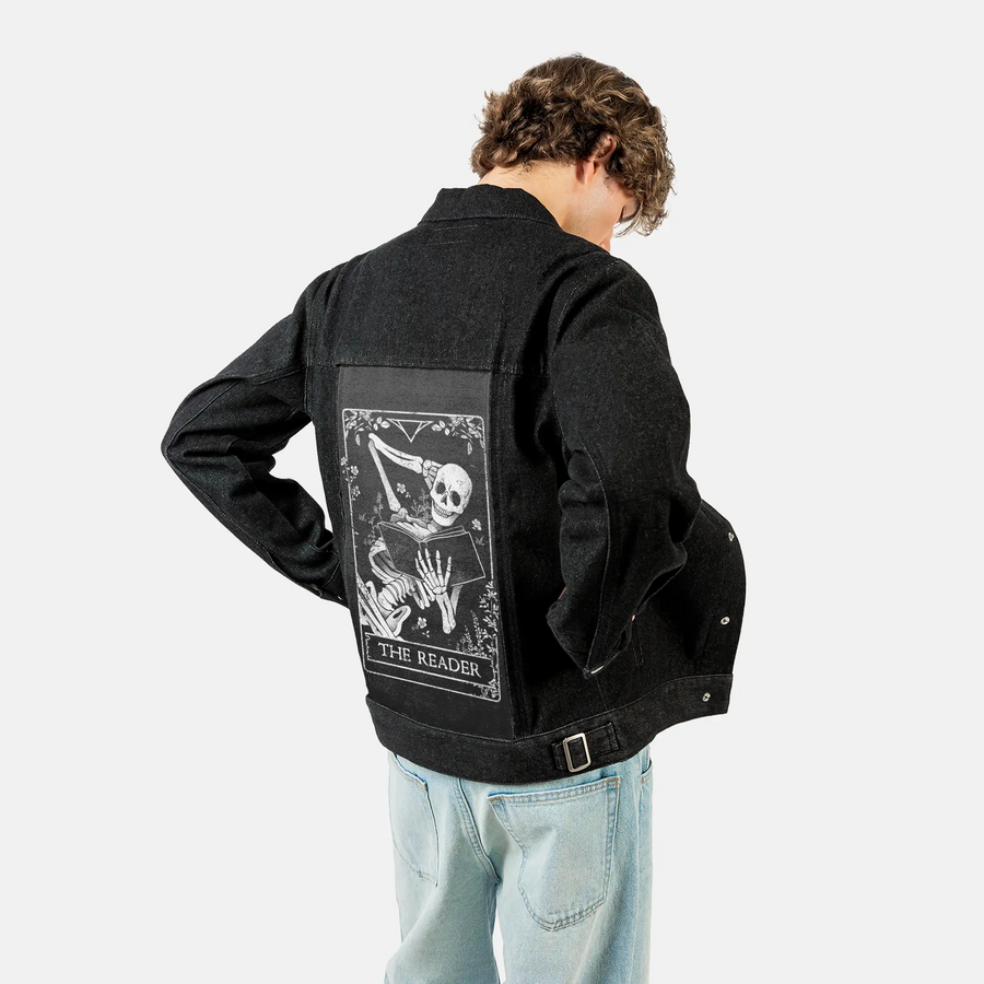thereader patch on male og denim jacket in raven