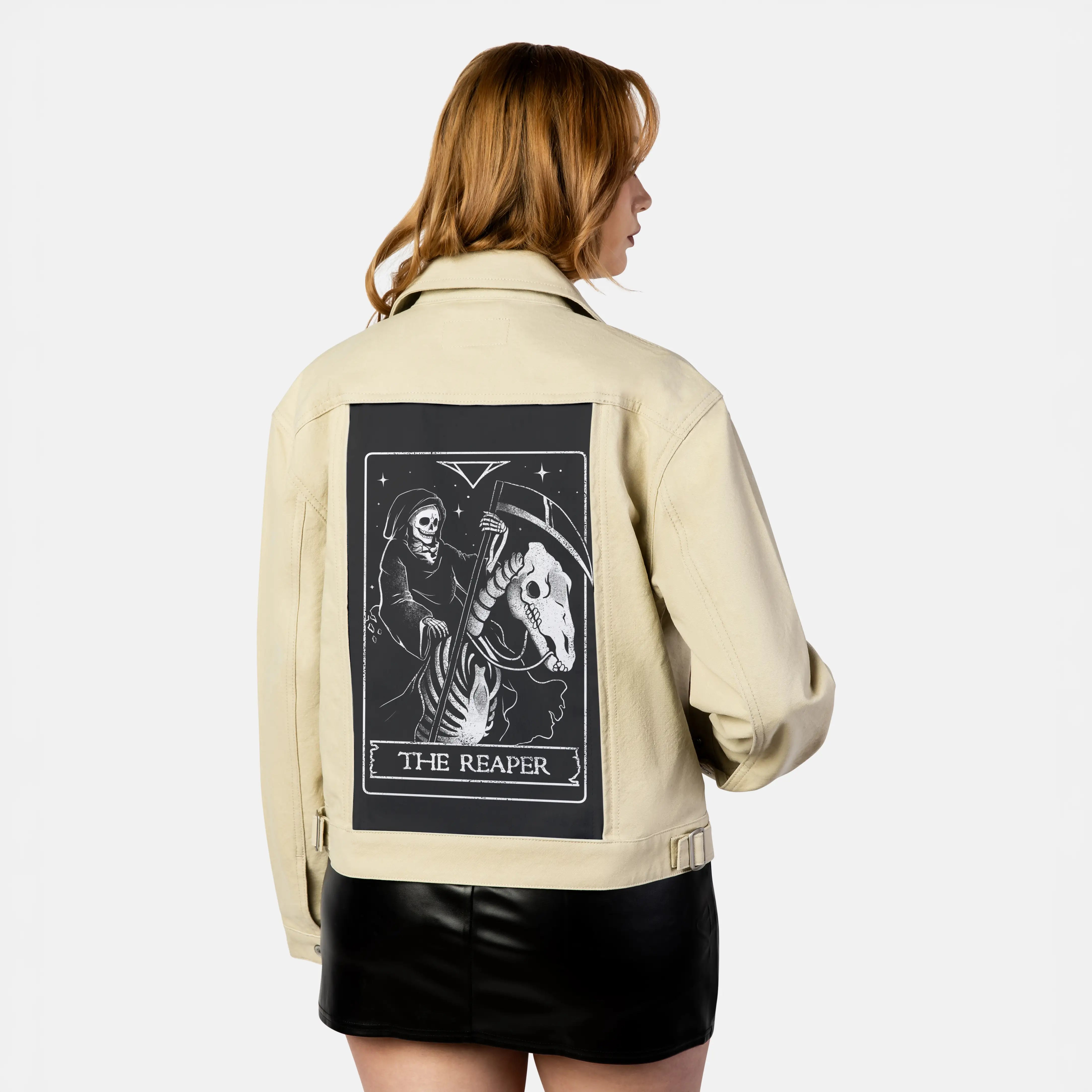 thereaper patch on female atelier canvas jacket in tan
