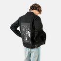 thereaper patch on male og denim jacket in raven