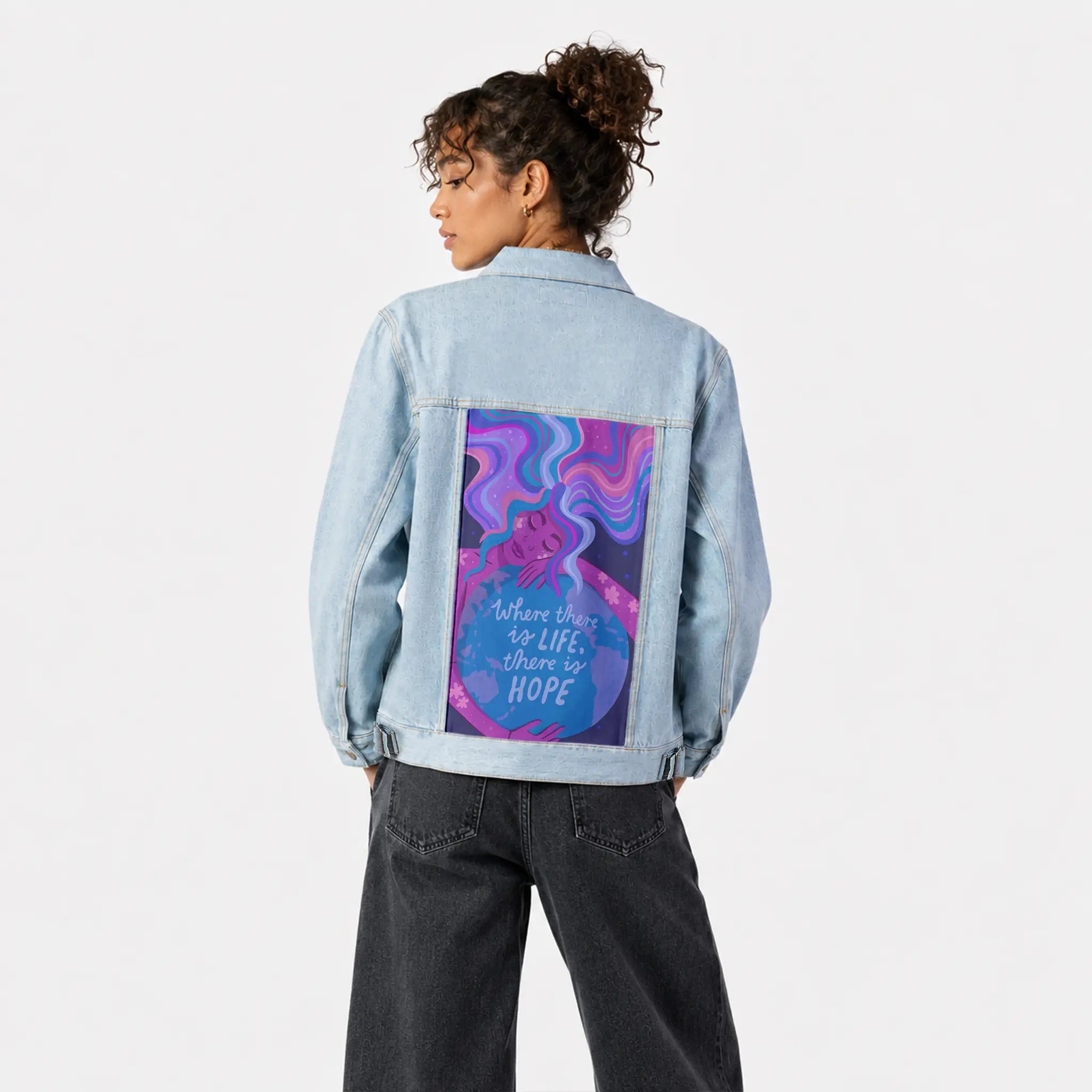 thereishope patch on female og denim jacket in oceanside