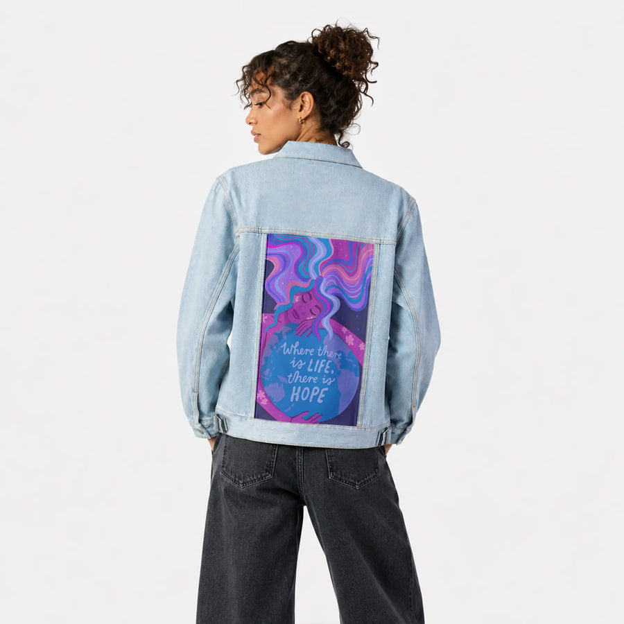 thereishope patch on female og denim jacket in oceanside
