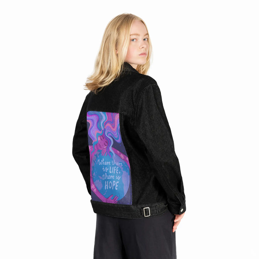 thereishope patch on female og denim jacket in raven