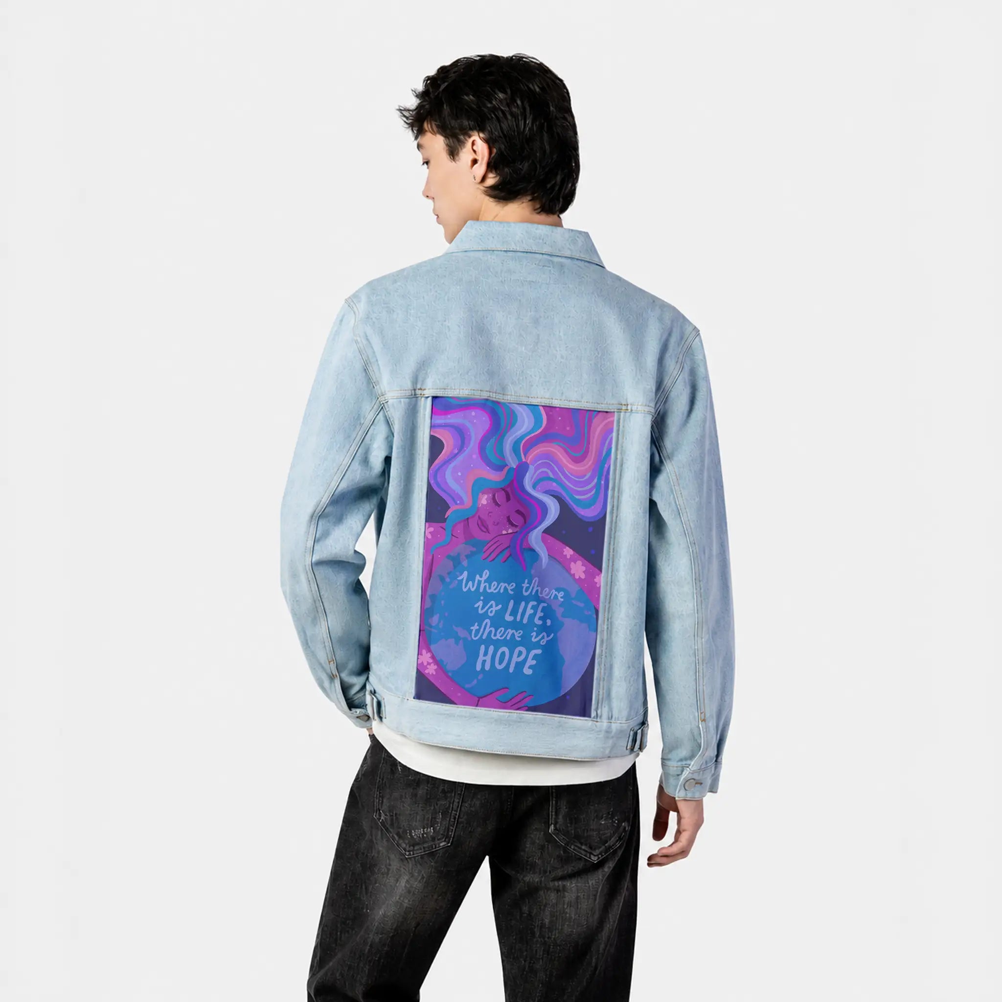 thereishope patch on male og denim jacket in oceanside