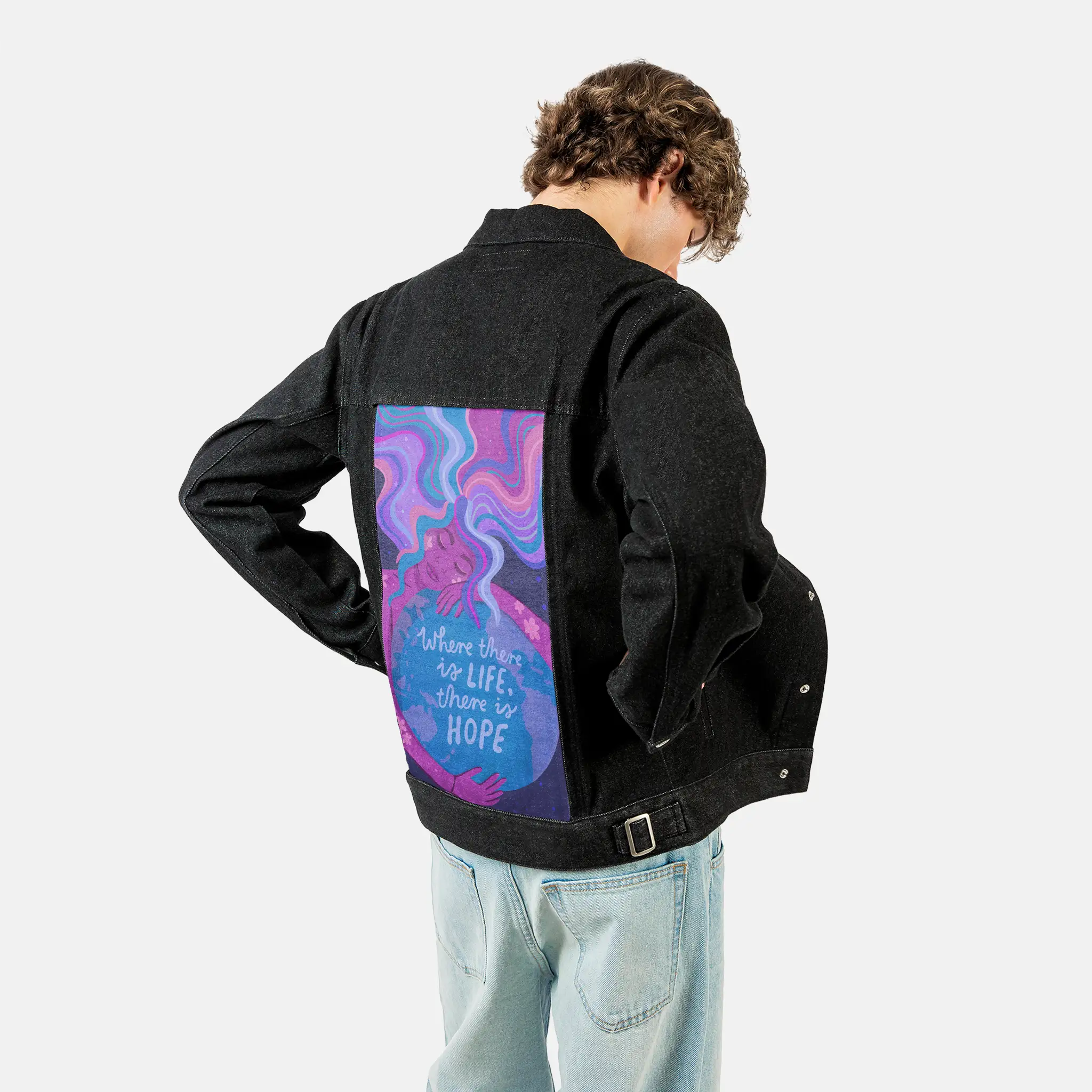 thereishope patch on male og denim jacket in raven