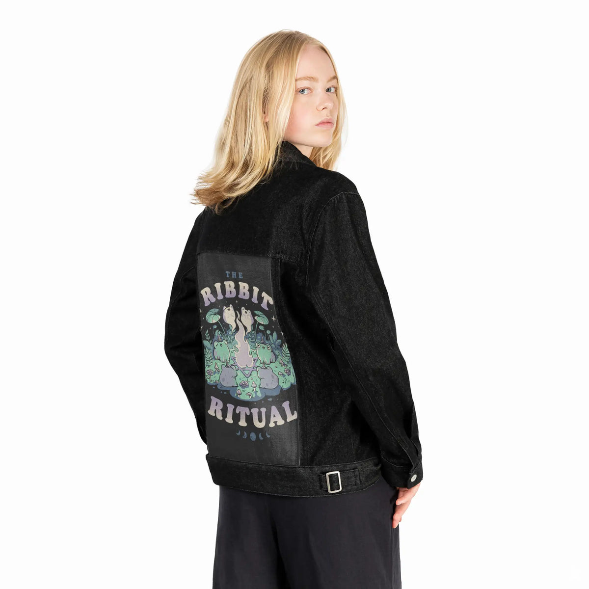 theribbitritual patch on female og denim jacket in raven