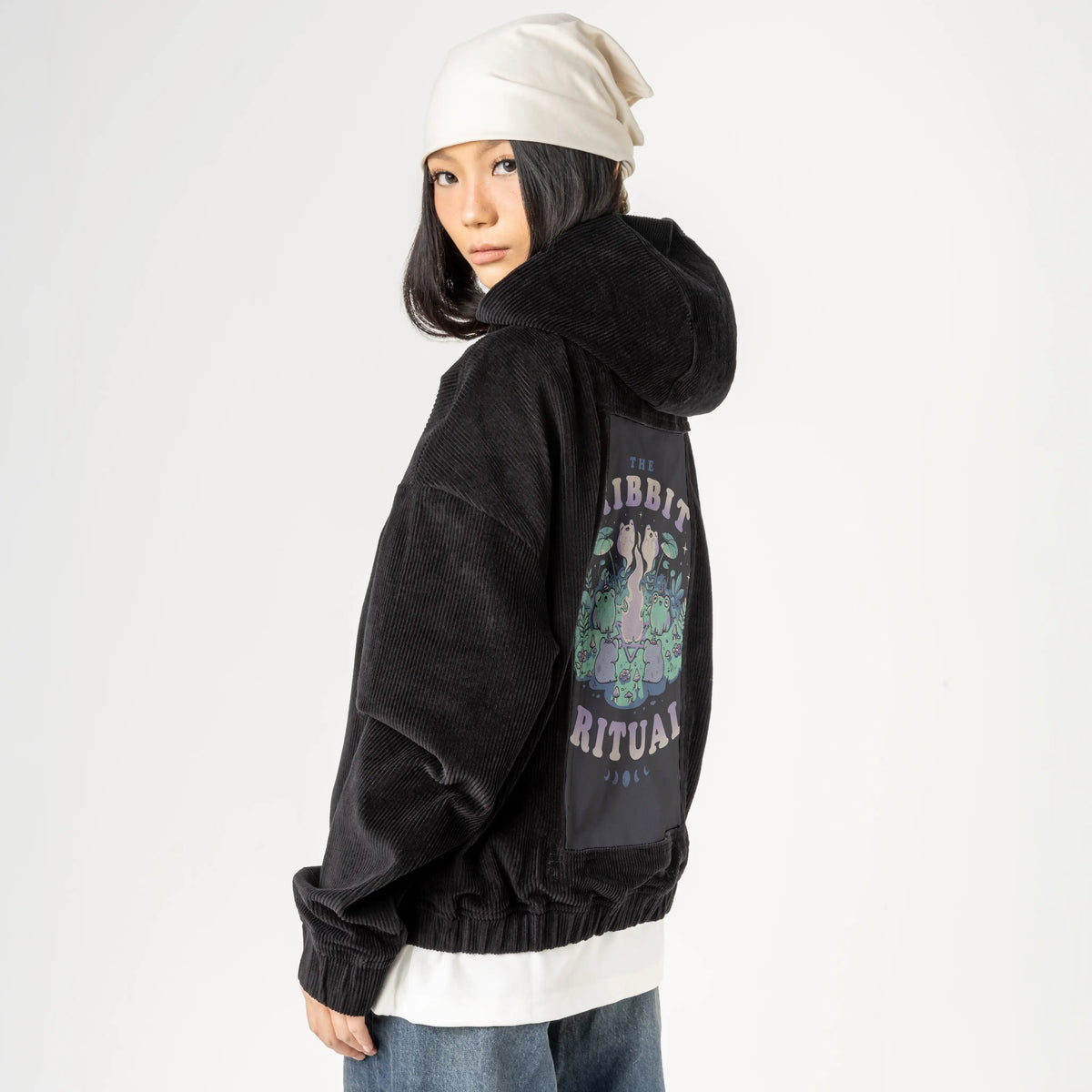 theribbitritual patch on female retro cord hoodie in onyx