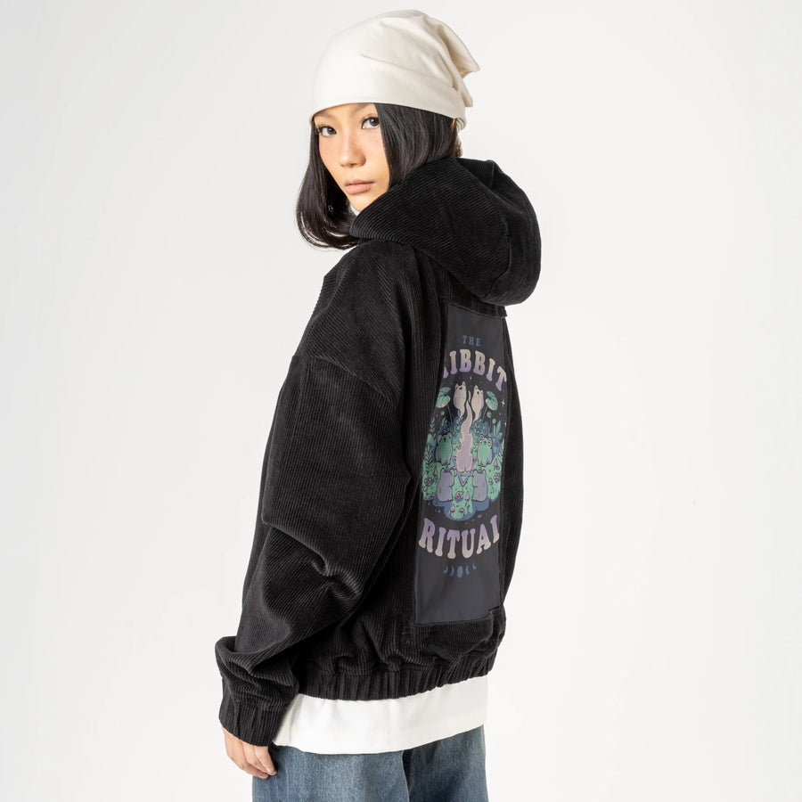 theribbitritual patch on female retro cord hoodie in onyx