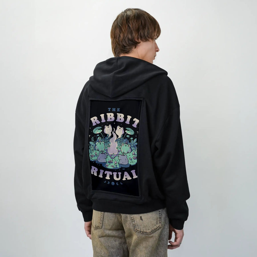 theribbitritual patch on male essential zip hoodie in after hours