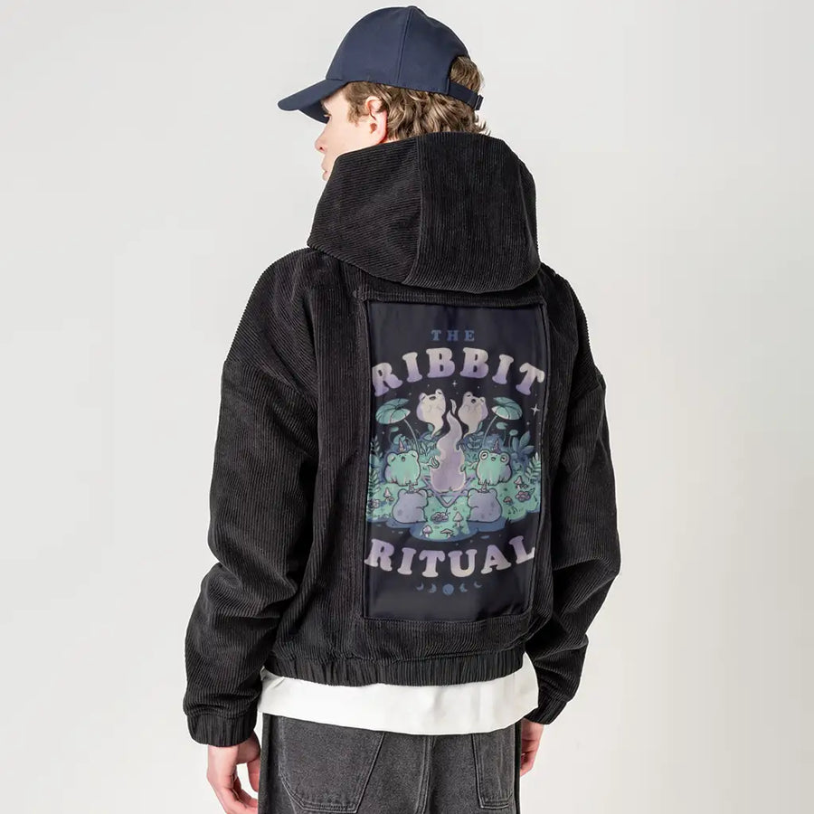 theribbitritual patch on male retro cord hoodie in onyx