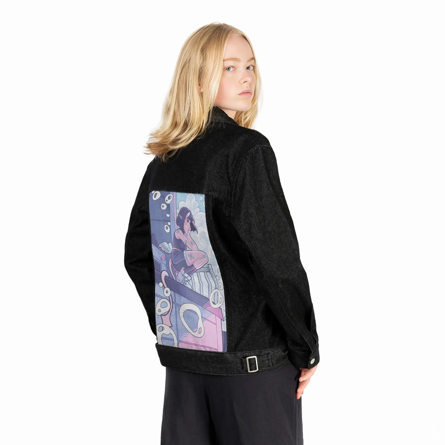 thesame patch on female og denim jacket in raven