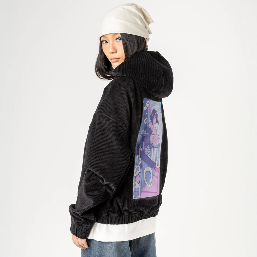 thesame patch on female retro cord hoodie in onyx