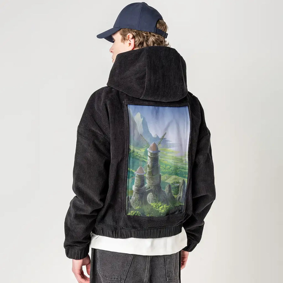 thevalleyofthewind patch on male retro cord hoodie in onyx