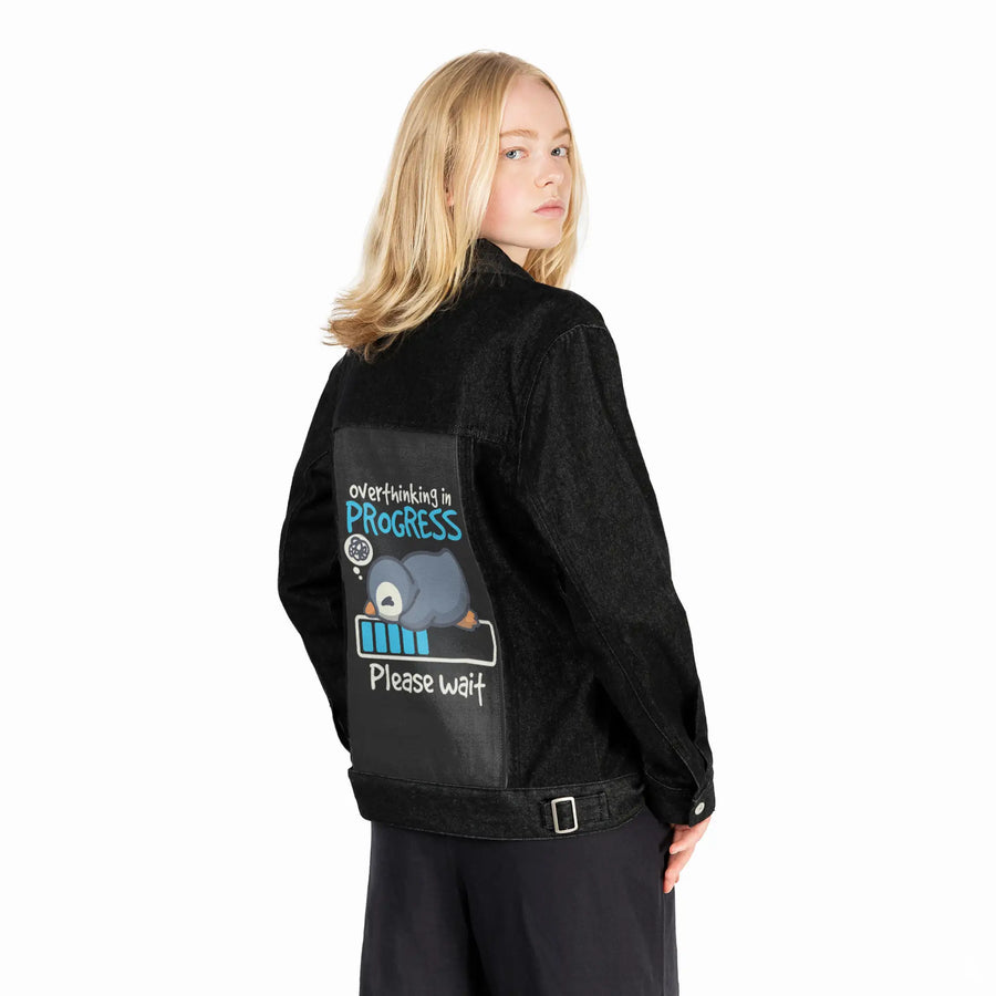 thinkingpenguin patch on female og denim jacket in raven