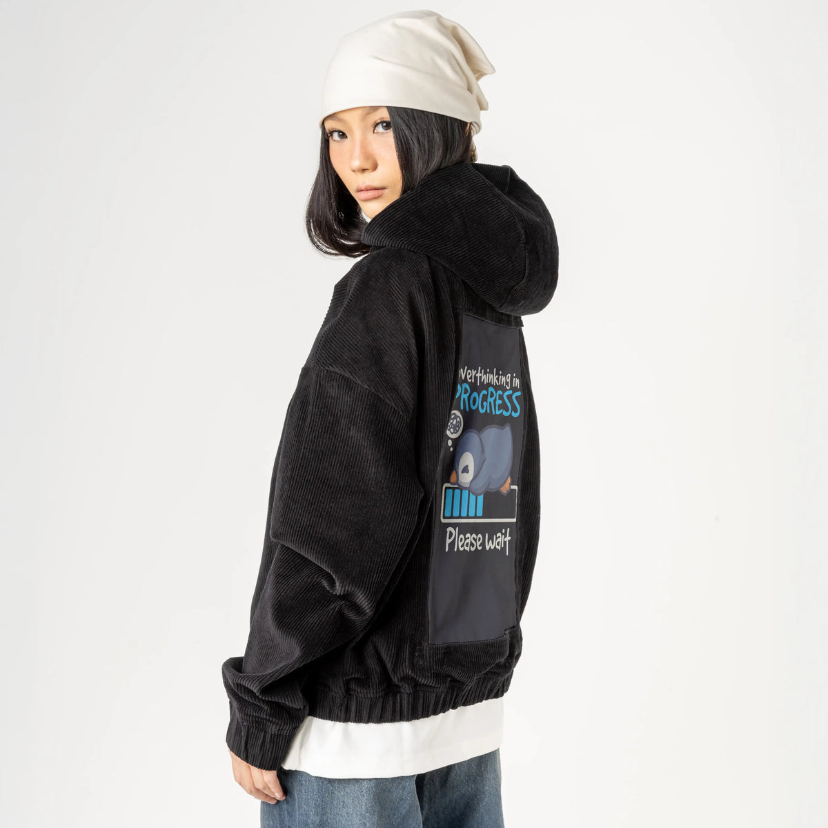 thinkingpenguin patch on female retro cord hoodie in onyx