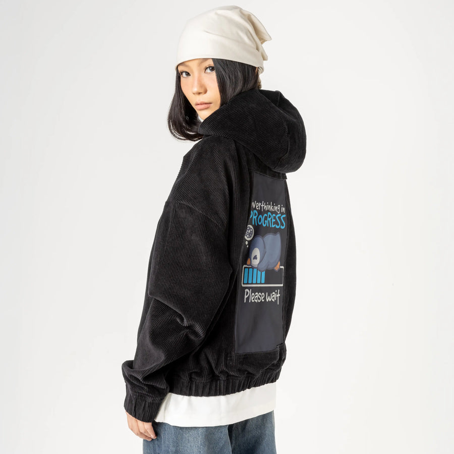 thinkingpenguin patch on female retro cord hoodie in onyx
