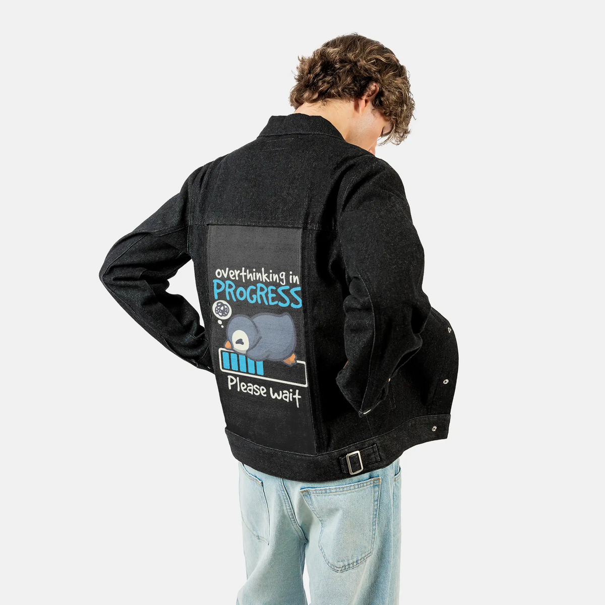 thinkingpenguin patch on male og denim jacket in raven