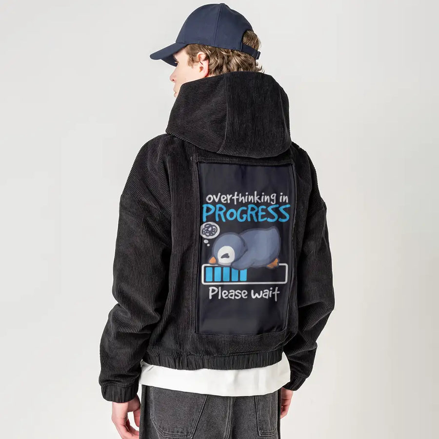 thinkingpenguin patch on male retro cord hoodie in onyx