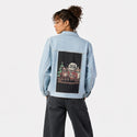 thisisfestive patch on female og denim jacket in oceanside