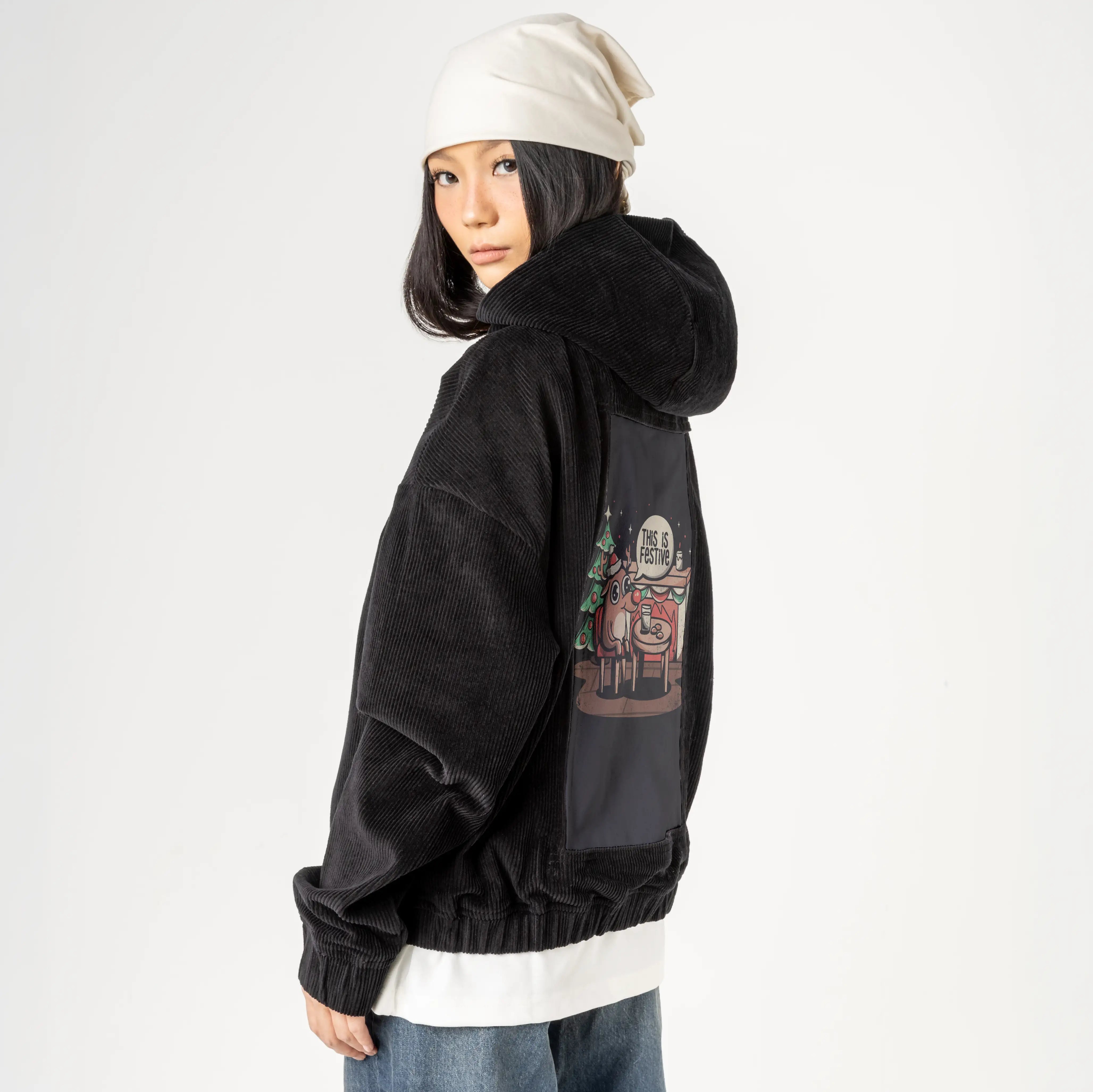 thisisfestive patch on female retro cord hoodie in onyx