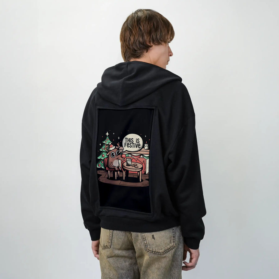 thisisfestive patch on male essential zip hoodie in after hours