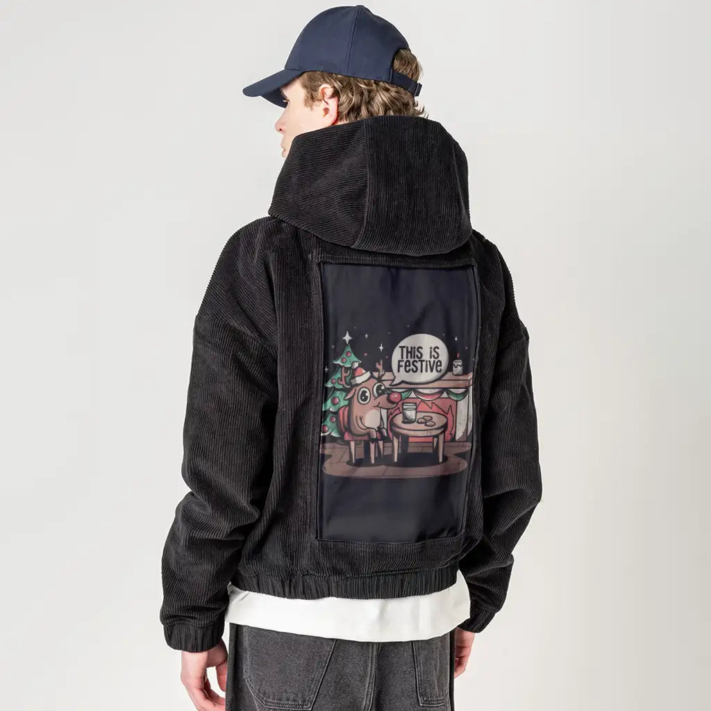 thisisfestive patch on male retro cord hoodie in onyx