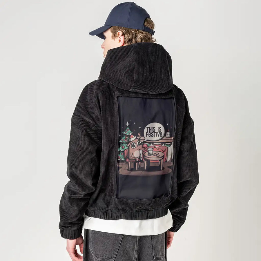 thisisfestive patch on male retro cord hoodie in onyx