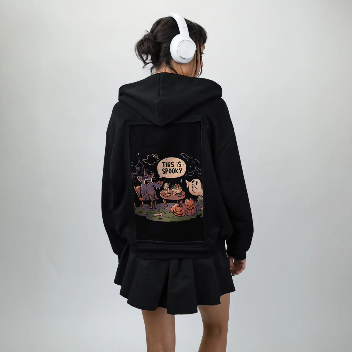 thisisspooky patch on female essential zip hoodie in after hours