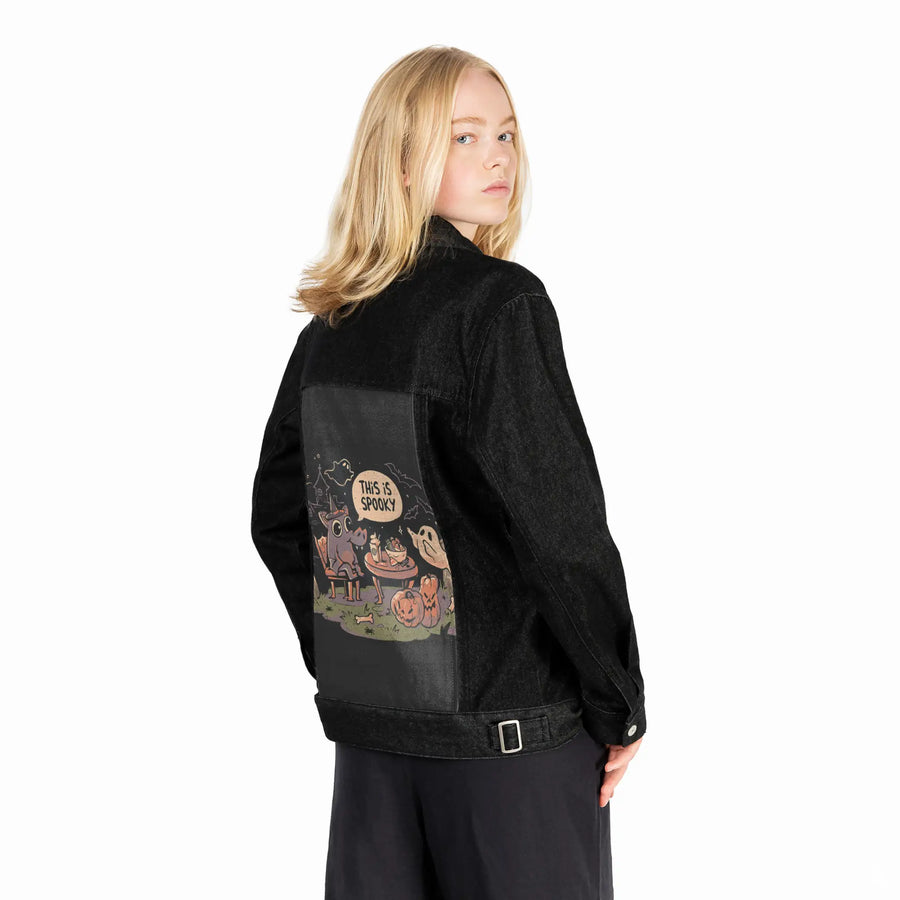 thisisspooky patch on female og denim jacket in raven
