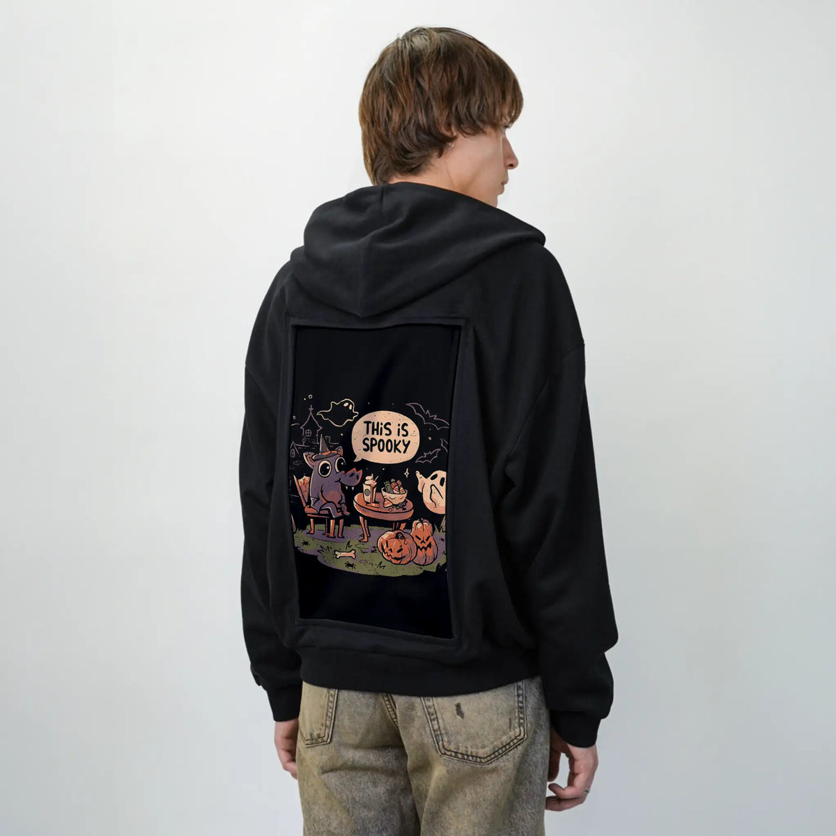 thisisspooky patch on male essential zip hoodie in after hours