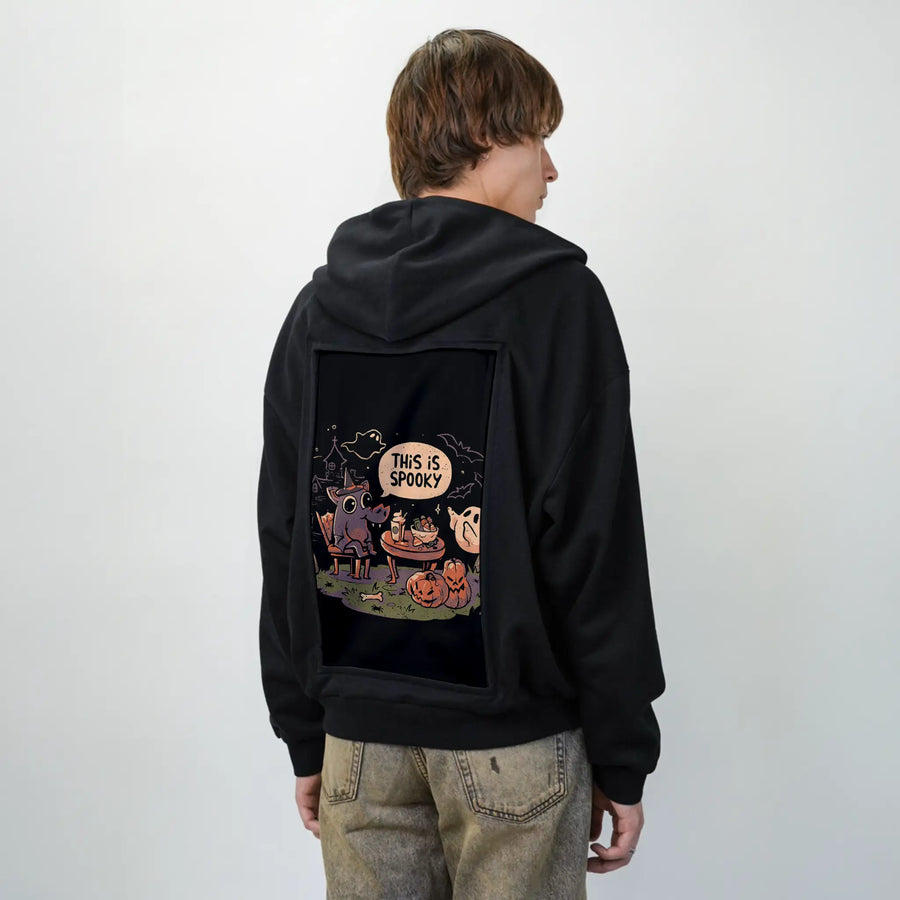 thisisspooky patch on male essential zip hoodie in after hours