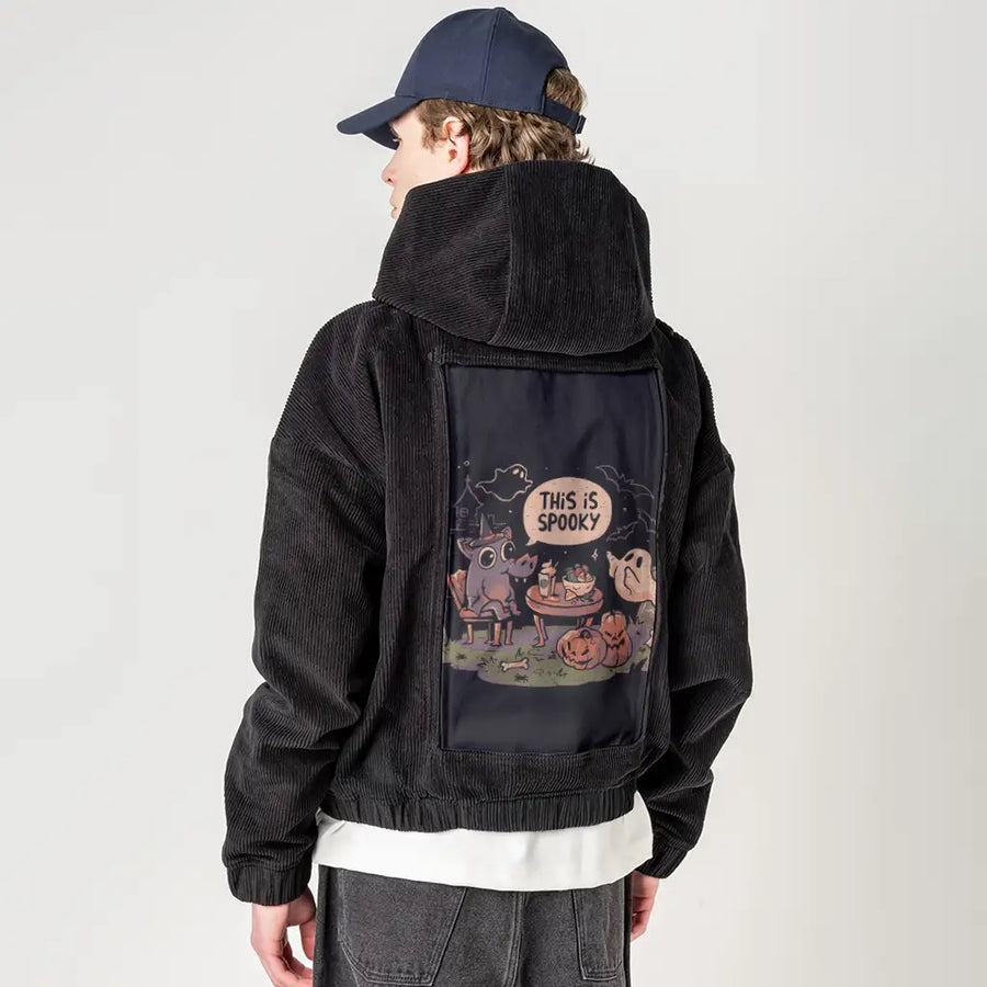 thisisspooky patch on male retro cord hoodie in onyx