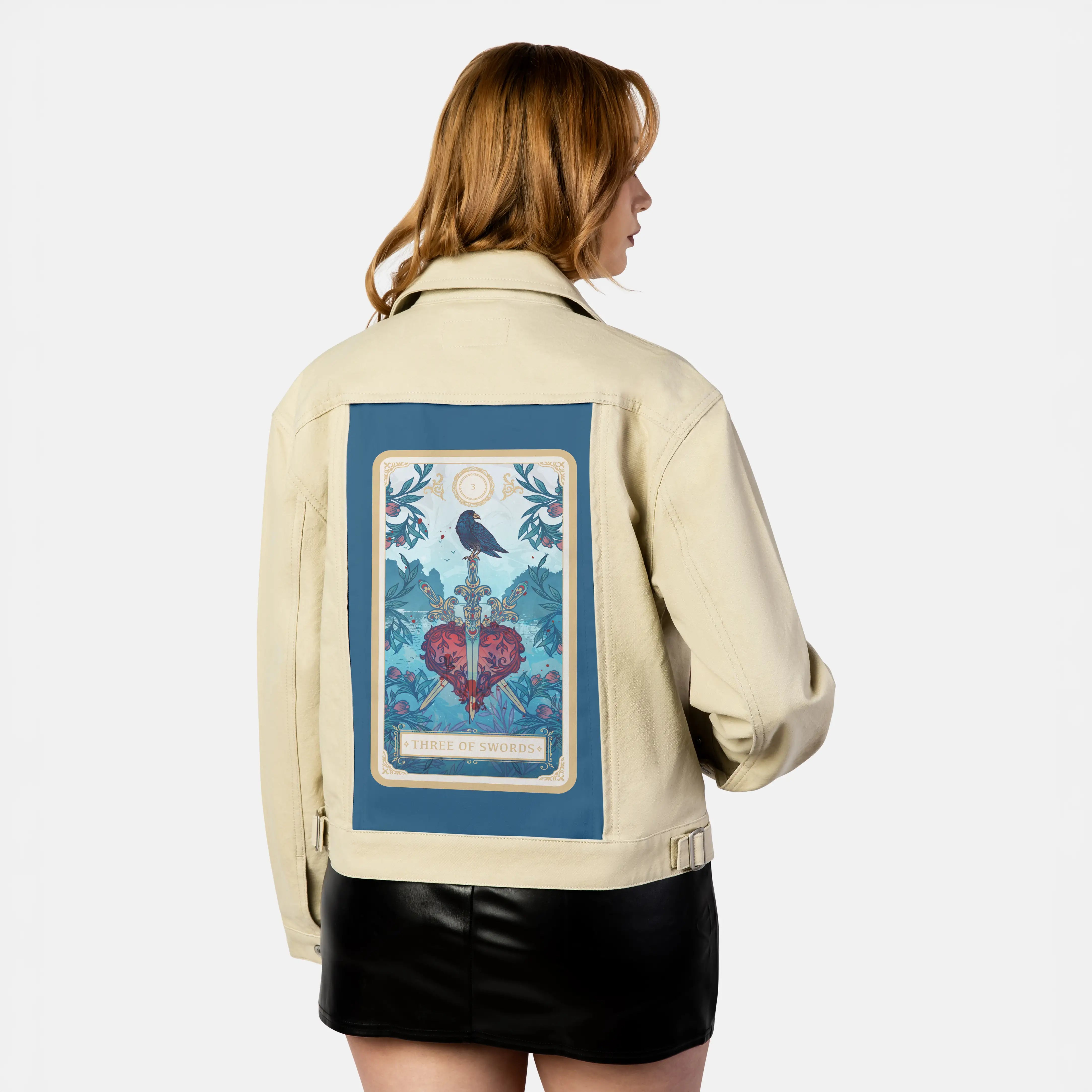 threeofswords patch on female atelier canvas jacket in tan