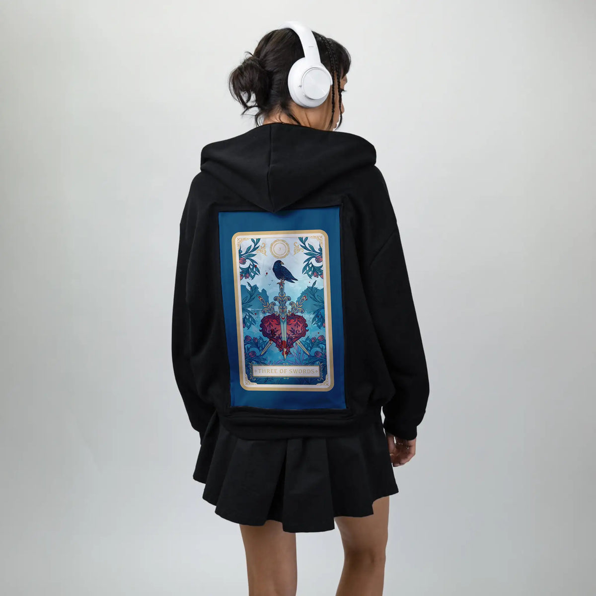 threeofswords patch on female essential zip hoodie in after hours